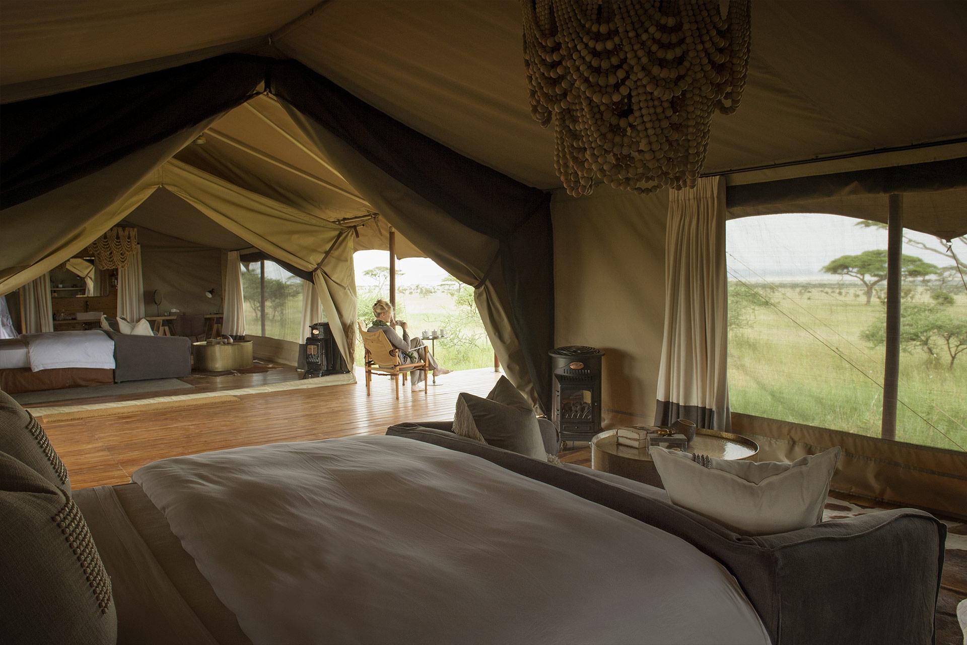 Interior of the family tent of Siringit Serengeti Camp A two-bedroomed family tent is available for guests travelling with children